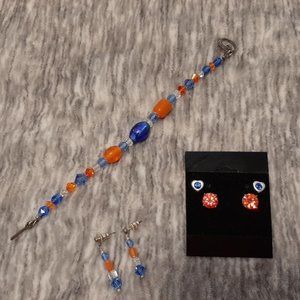 Blue and orange jewelry set 3pr earrings, bracelet